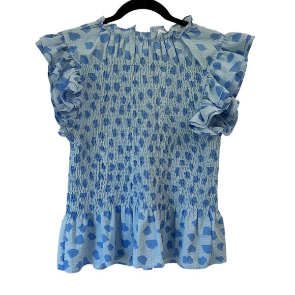 THML Smocked Top Women's Size Small Blue with Blue Clouds and Frilly Sleeves - Picture 4 of 8